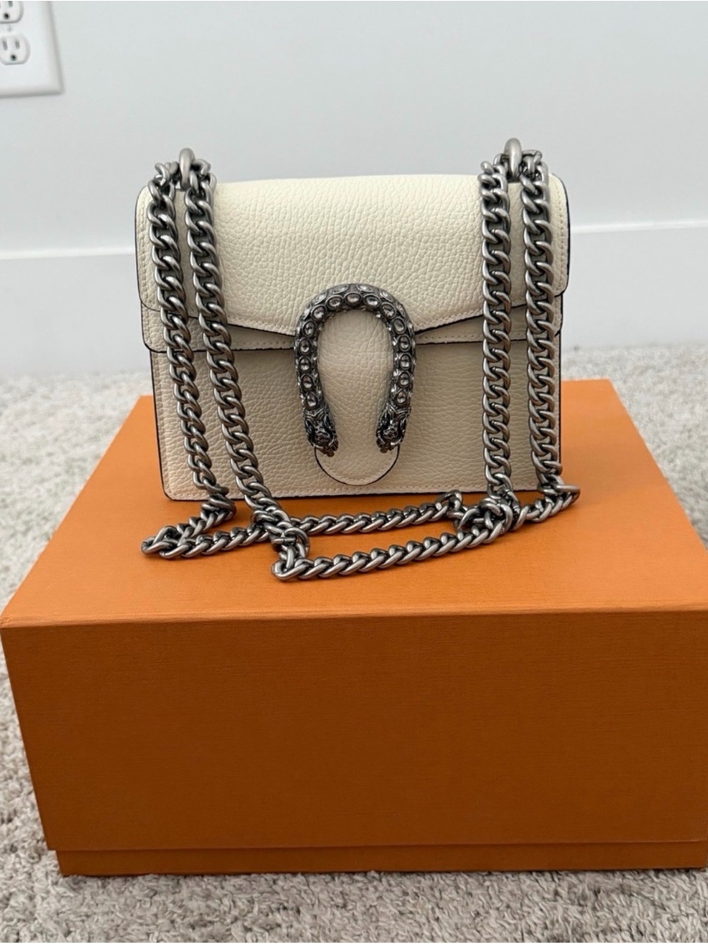 Designer Inspired Cream Pebbled Crossbody with Silver Horsebit